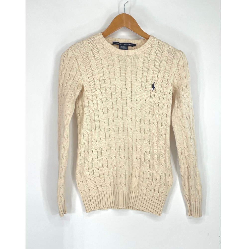 Ralph Lauren Sport Womens Sweater S Cable Knit Cream Ivory Cotton Horse Logo